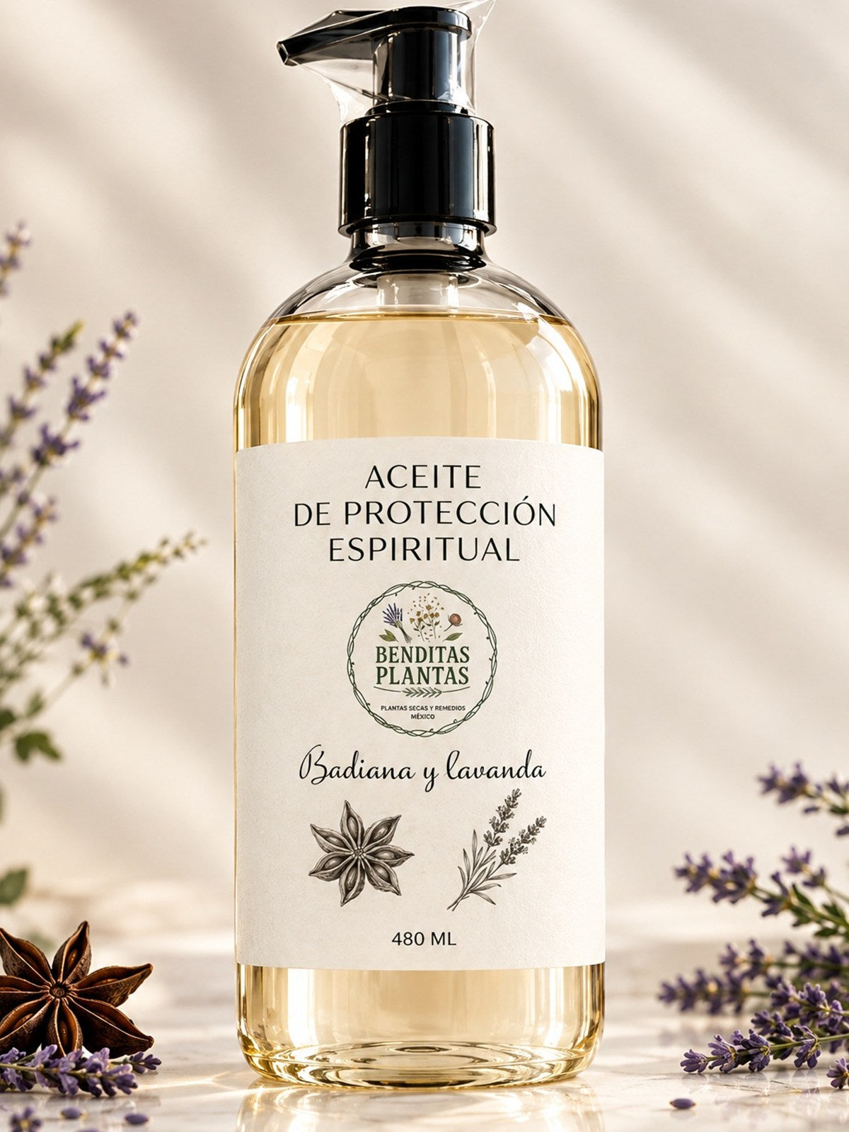 Botella de aceite esotérico de protección espiritual de 480 ml, receta Badiana y Lavanda, con anís estrellado y lavanda