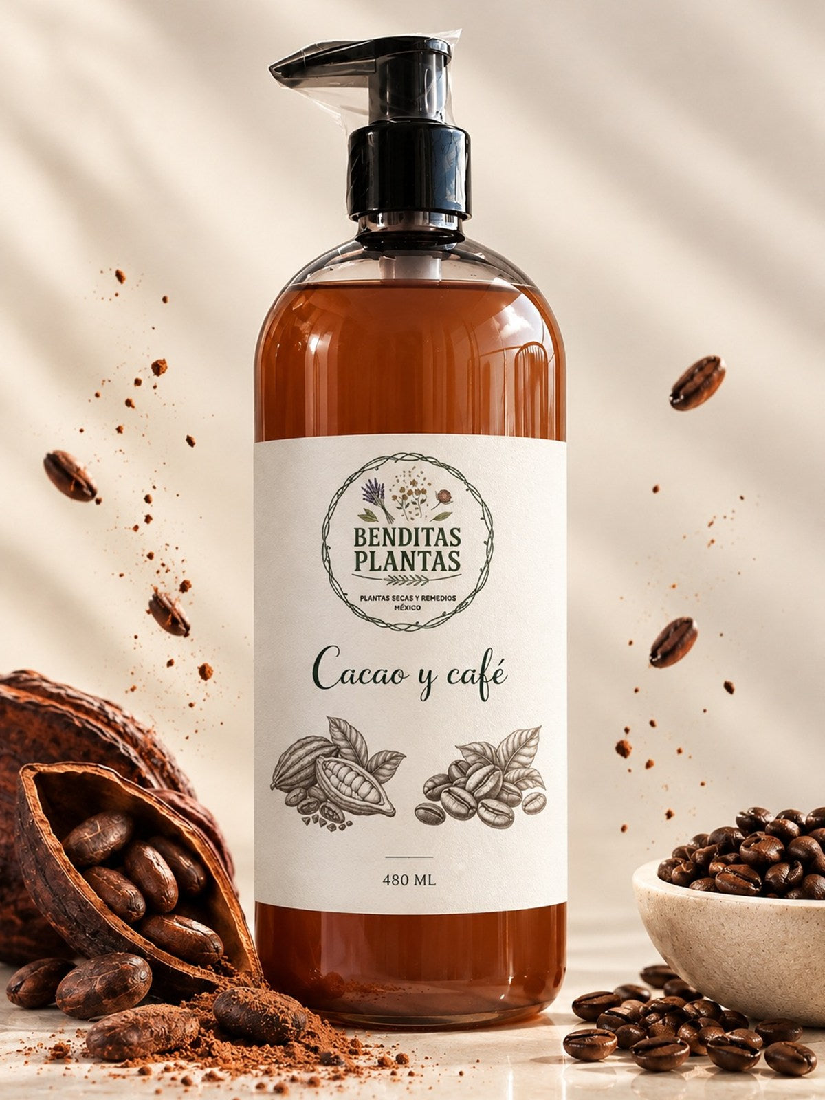 Botella de aceite esotérico de protección espiritual de 480 ml, receta Cacao y Café, con cacao y granos de café