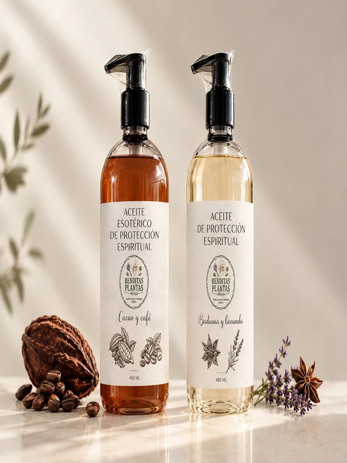 Duo Pack de aceite esotérico de protección espiritual: dos botellas, Cacao y Café y Badiana y Lavanda