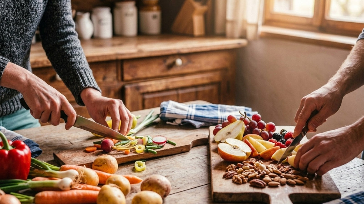 Curso Integración de la alimentación cuántica, plan con acompañamiento: manos preparando verduras y frutos secos en una cocina rústica
