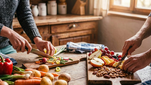 Curso Integración de la alimentación cuántica, plan con acompañamiento: manos preparando verduras y frutos secos en una cocina rústica