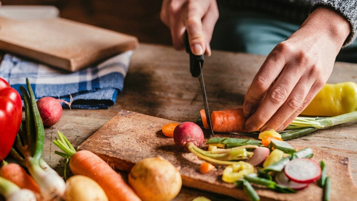Curso Integración de la alimentación cuántica, plan autónomo: manos cortando verduras frescas sobre una tabla de madera