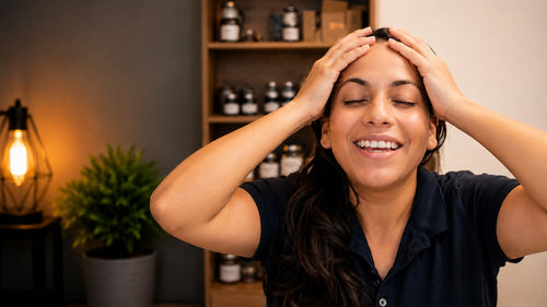 Curso de mediumnidad y registros akáshicos: Angélica Medium sonriendo con las manos sobre la cabeza