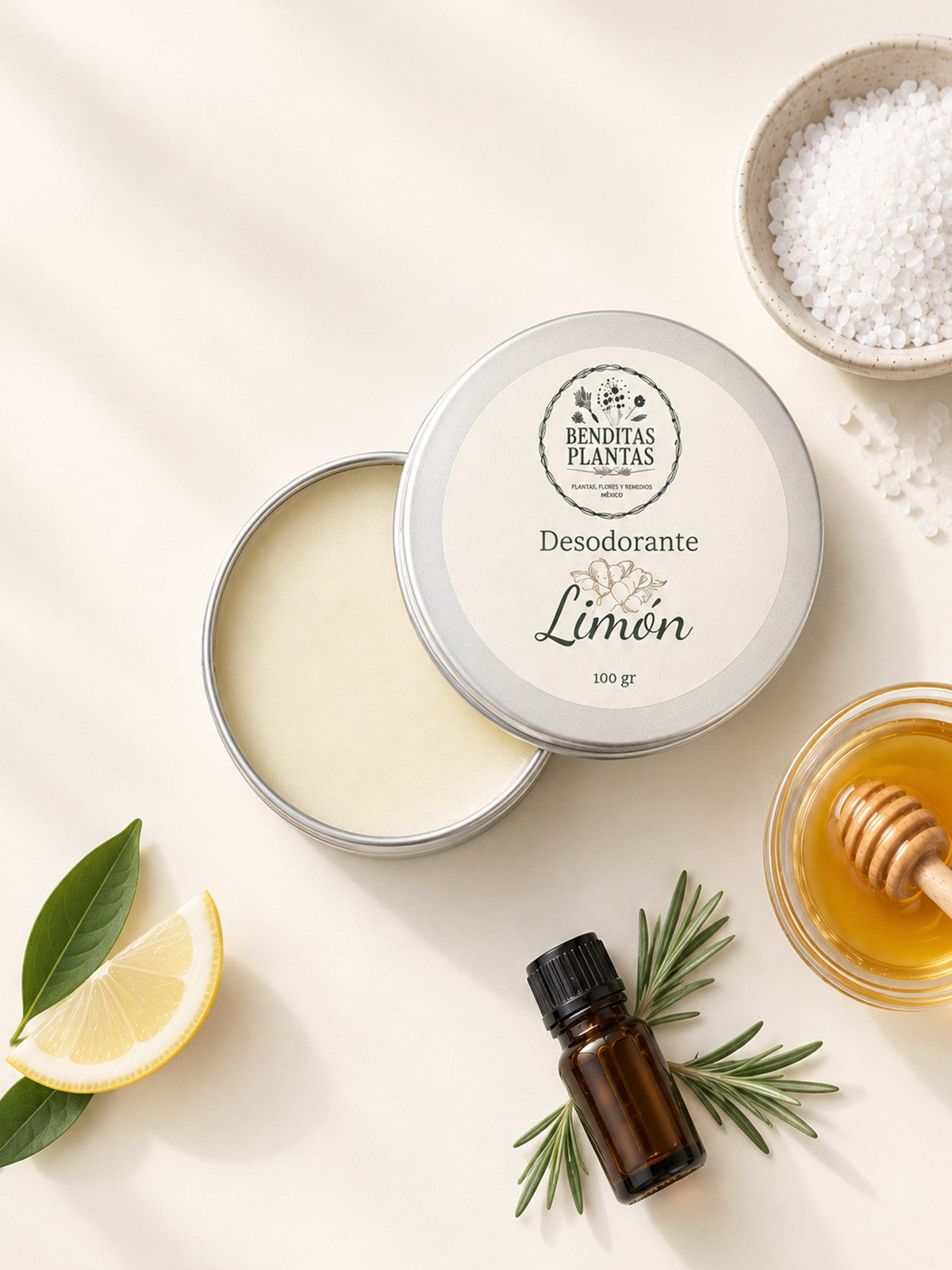 Desodorante natural de limón en crema, lata de 100 gr con limón, sal y aceite esencial