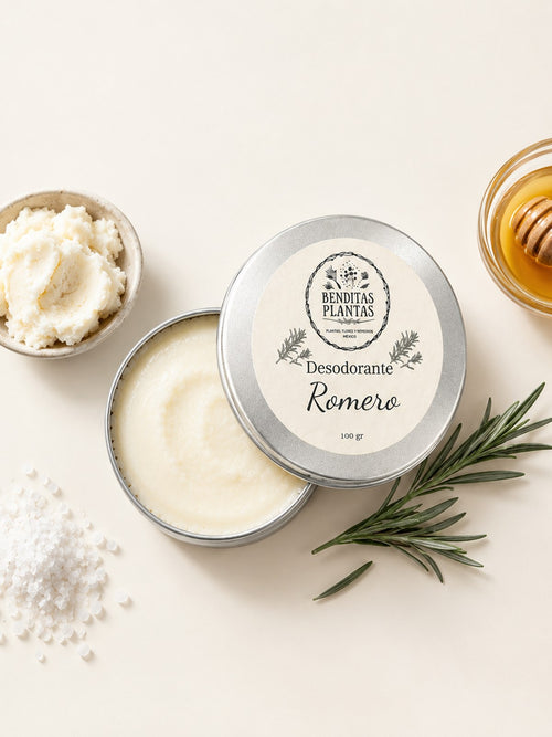 Desodorante natural de romero en crema, lata de 100 gr con ramas de romero y sal