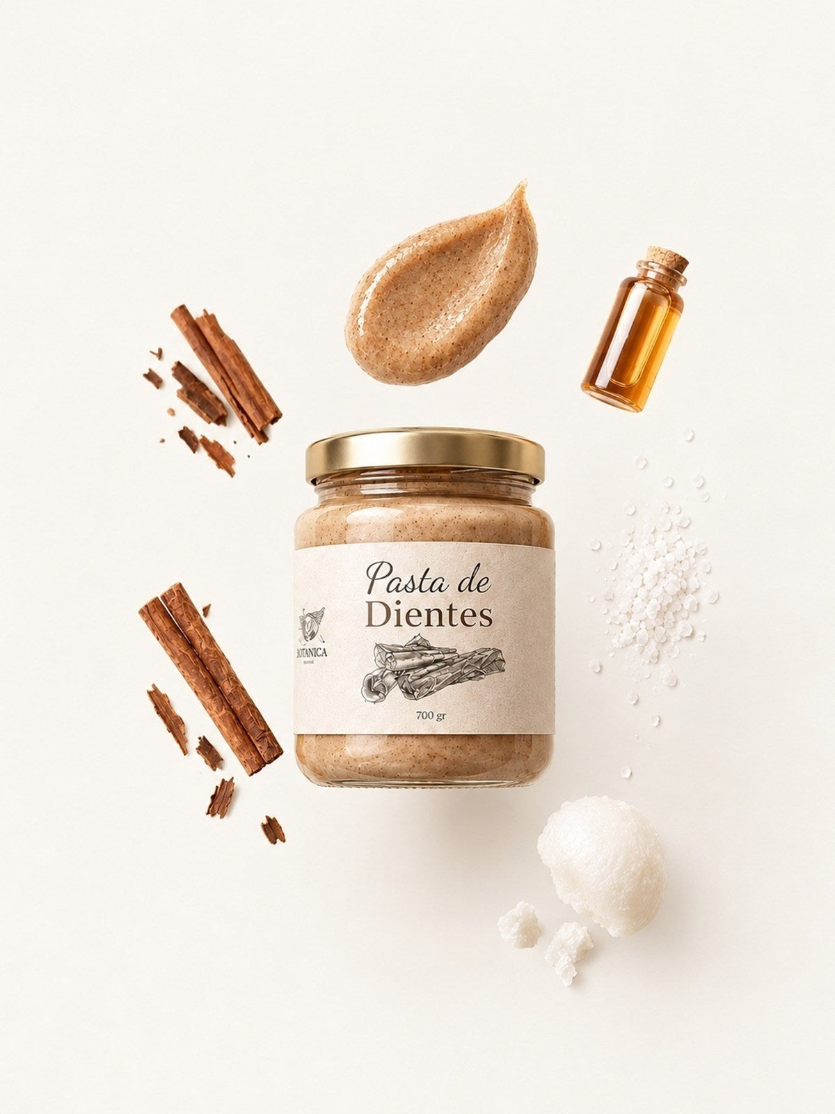 Pasta de dientes natural de 200 gr en frasco de vidrio, con canela y sal