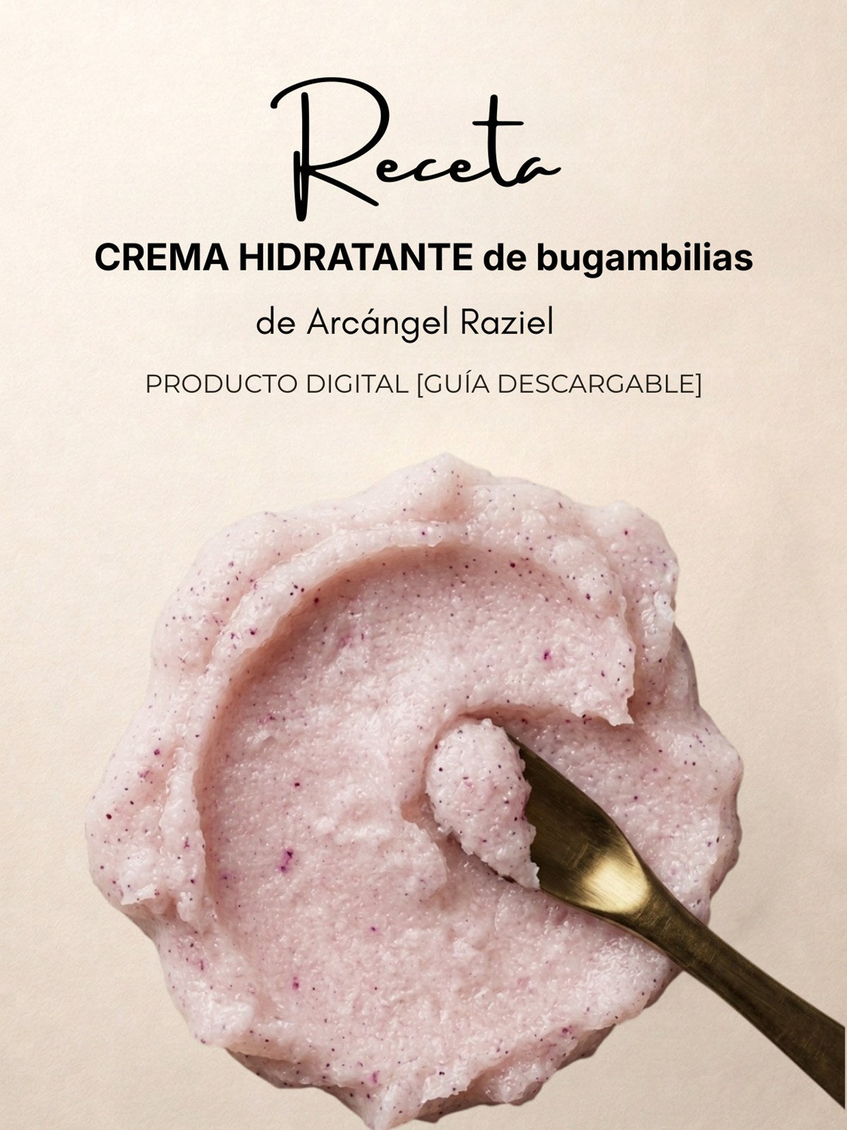 Portada de la receta digital de Crema hidratante de bugambilias: crema rosada sobre una cuchara
