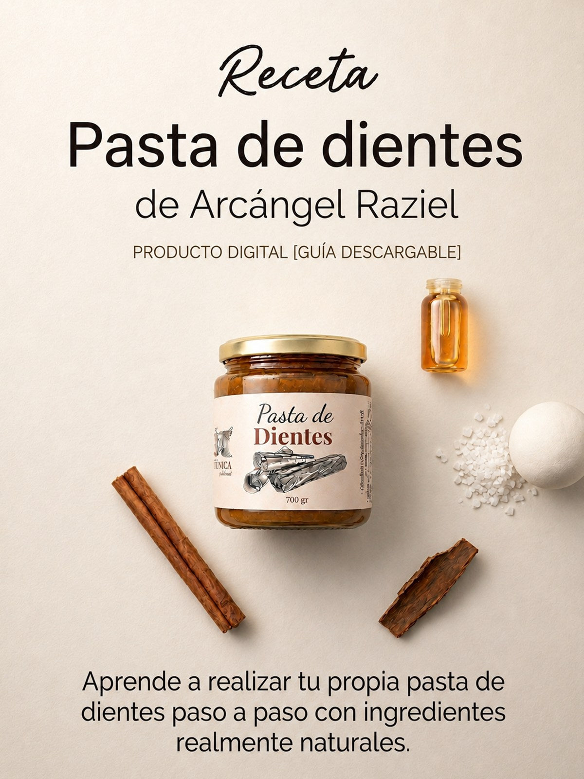 Portada de la receta digital de Pasta de dientes natural: frasco de vidrio con canela, sal y aceite