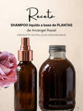 Portada de la receta digital de Shampoo líquido a base de plantas: dos botellas de vidrio con una rosa