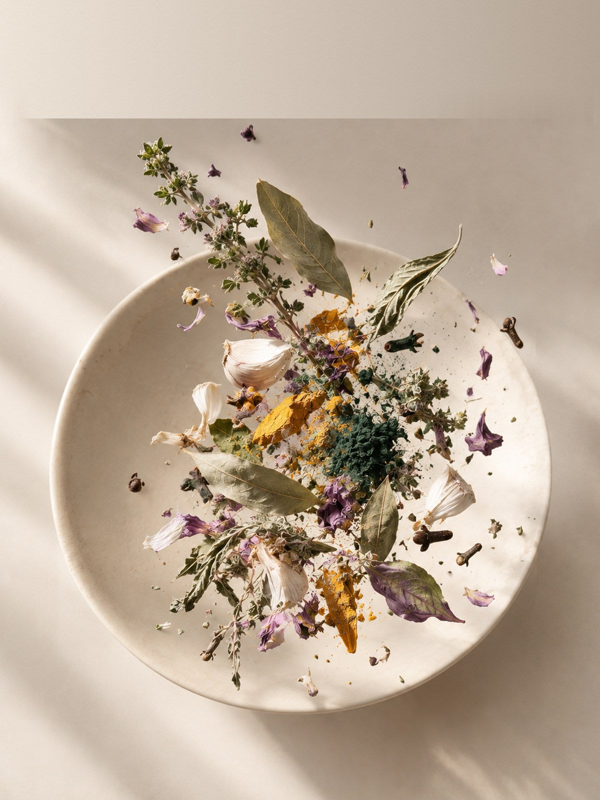 Hierbas, flores y especias secas flotando sobre un plato, tisana de reemplazo de jugo verde de primavera