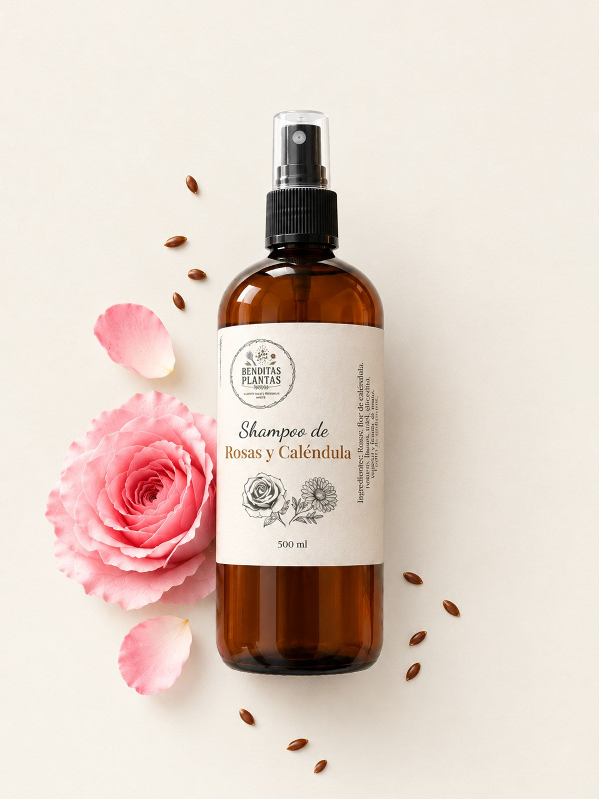 Shampoo líquido de rosas y caléndula a base de plantas, frasco de 500 ml con pétalos de rosa